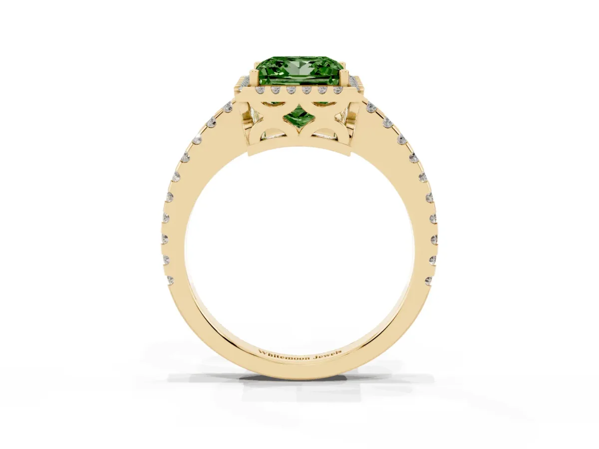 Fancy Green Princess Cut Diamond Halo Engagement Ring with Pavé Band and Prong Setting Yellow gold