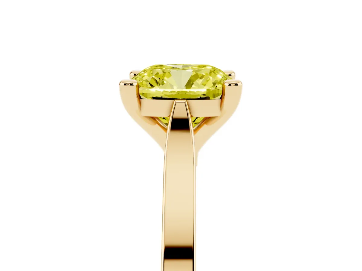 Fancy Yellow Cushion Cut Solitaire Diamond Ring with Four-Prong Setting and Tapered Band Yellow gold