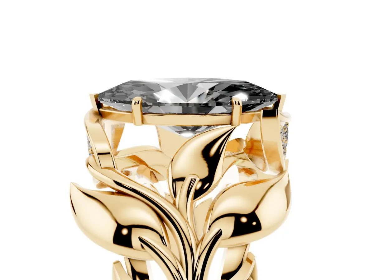 Fancy Black Marquise Cut Diamond Leaf-Inspired Engagement Ring with Round Accents and Prong Setting Yellow gold