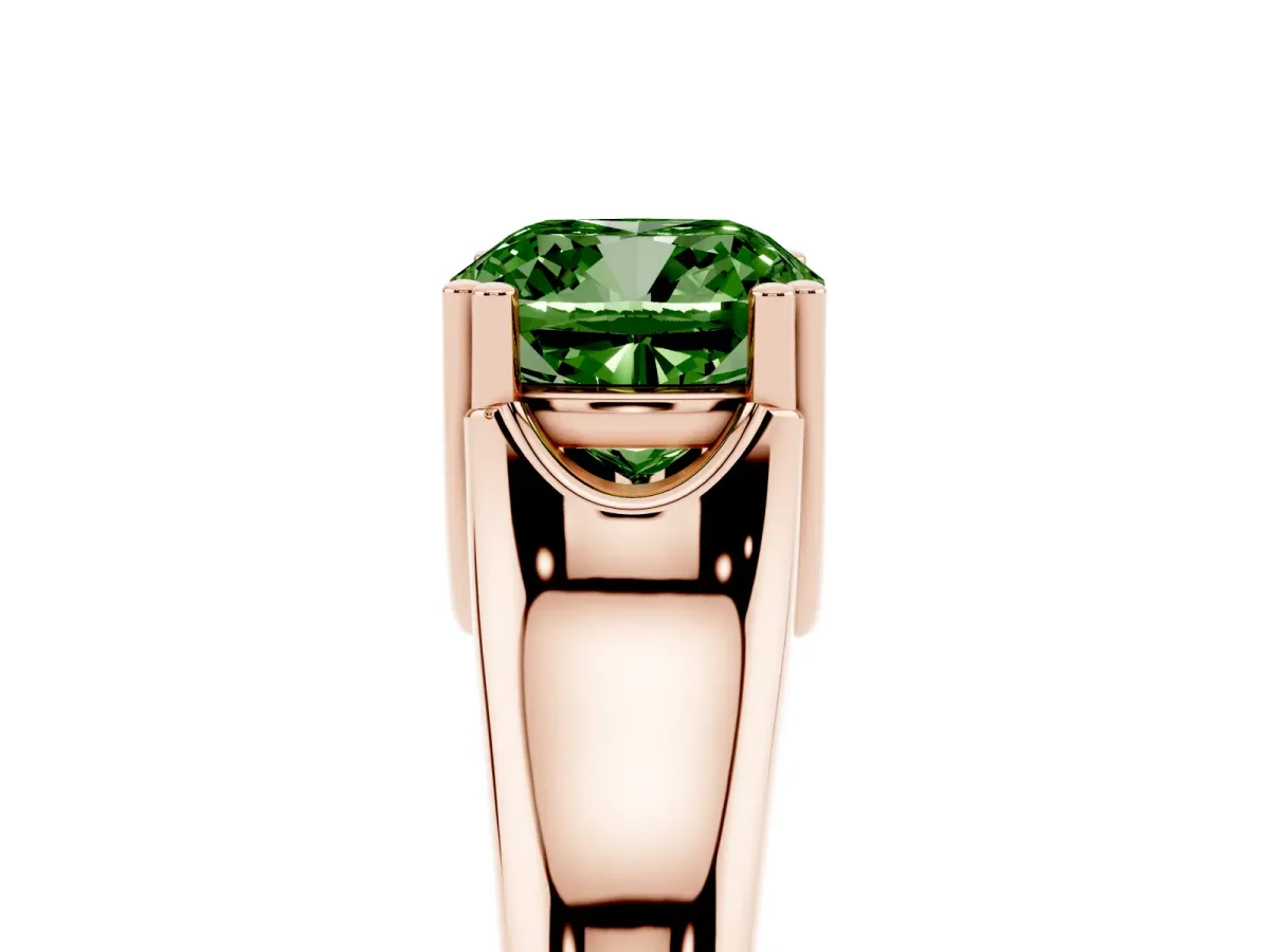 Fancy Green Cushion Cut Diamond Solitaire Ring with Wide Band and Prong Setting Rose gold