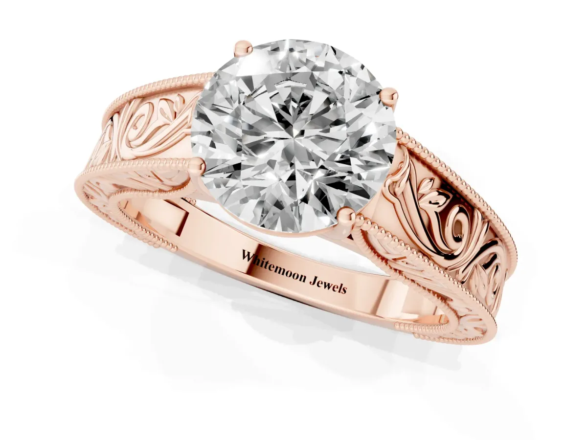 Round Cut Diamond Solitaire Ring with Engraved Band and Four-Prong Setting Rose gold