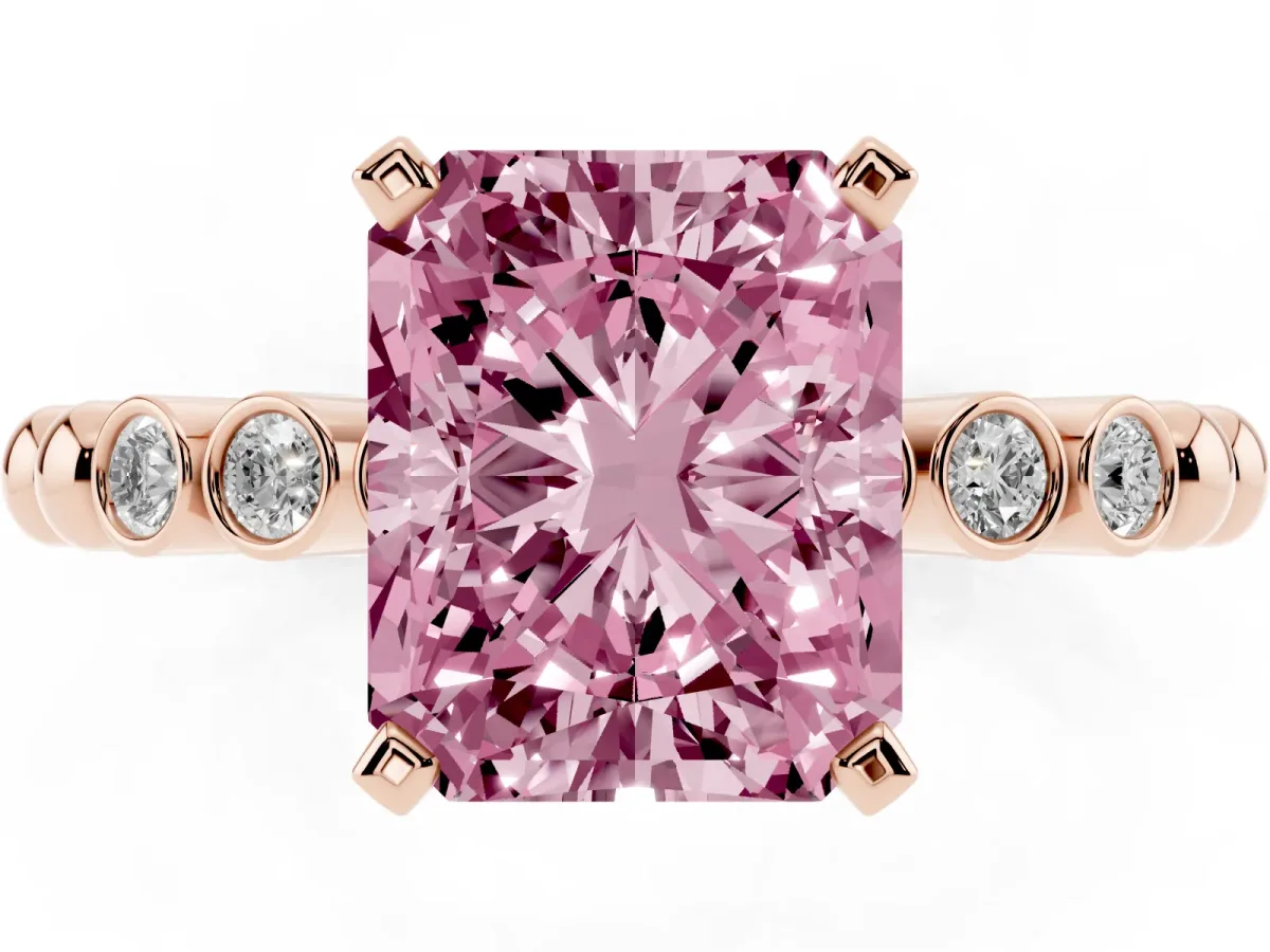 Fancy Pink Radiant Cut Solitaire Bezel Accent Diamond Engagement Ring with Beaded Band and Four-Prong Setting Rose gold