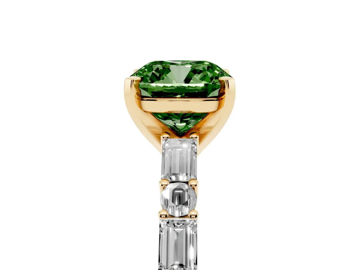 Fancy Green Cushion Cut Diamond Solitaire with Side Baguettes and Channel Set Band Yellow gold