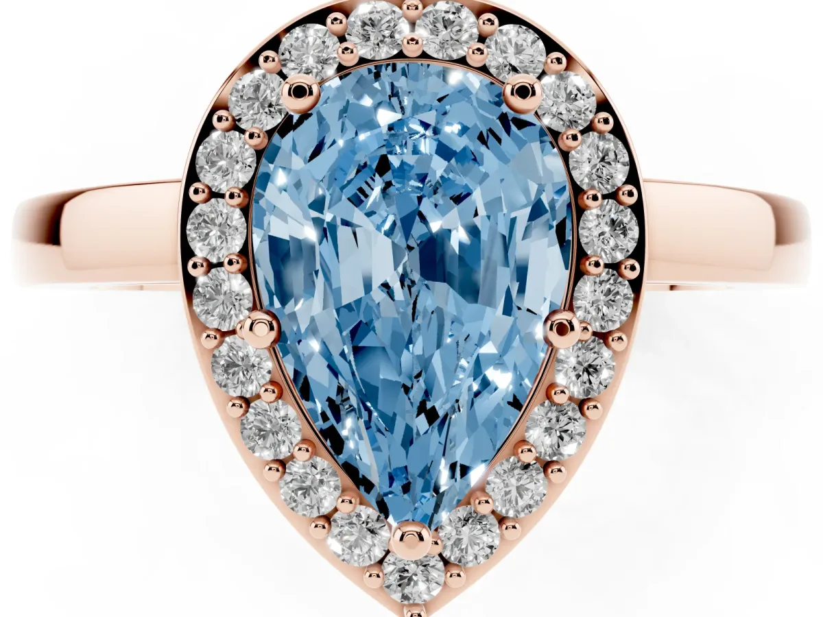 Fancy Blue Pear Cut Halo Diamond Ring with Solitaire Band and Prong Setting Rose gold