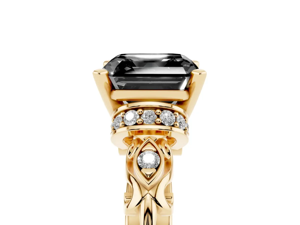 Fancy Black Asscher Cut Diamond Solitaire Ring with Filigree Band and Four-Prong Setting Yellow gold