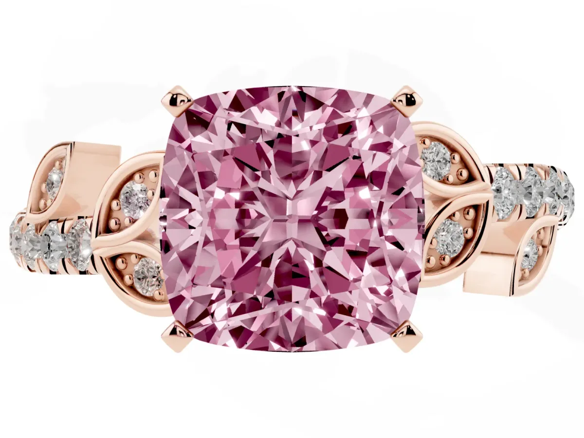 Fancy Pink Cushion Cut Solitaire Leaf-Inspired Diamond Ring with Pavé Band and Four-Prong Setting Rose gold