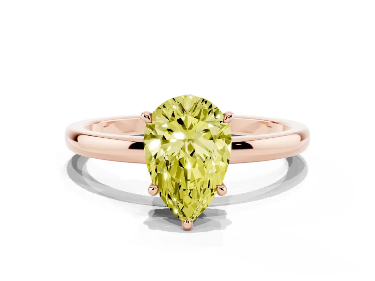 Fancy Yellow Pear Cut Solitaire Engagement Ring with Cathedral Band and Four-Prong Setting Rose gold