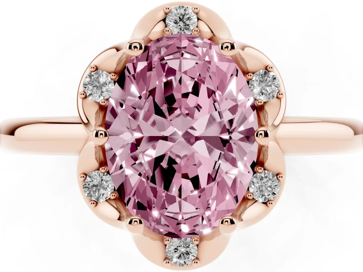 Fancy Pink Oval Cut Halo Diamond Ring with Round Cluster Setting, Solitaire Band, and Four-Prong Setting Rose gold