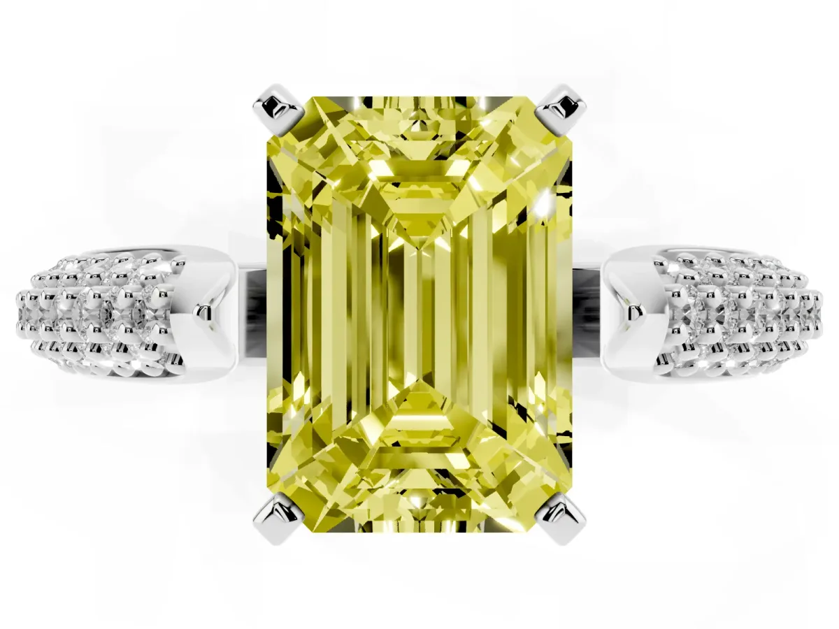 Fancy Yellow Emerald Cut Diamond Solitaire Engagement Ring with Multi-Row Round Pavé Band and Prong Setting Silver
