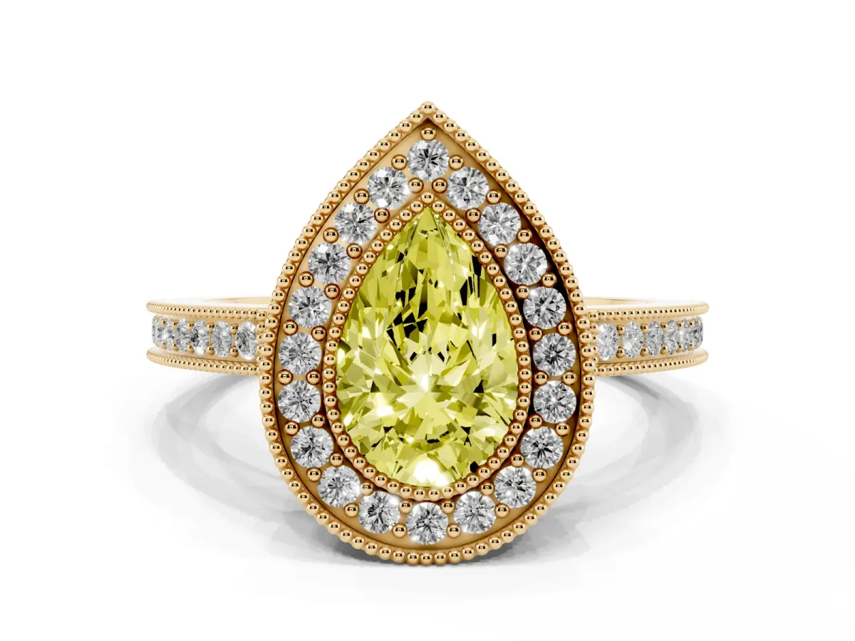 Fancy Yellow Pear Cut Cut Halo Diamond Ring with Pavé Band and Milgrain Prong Setting Yellow gold
