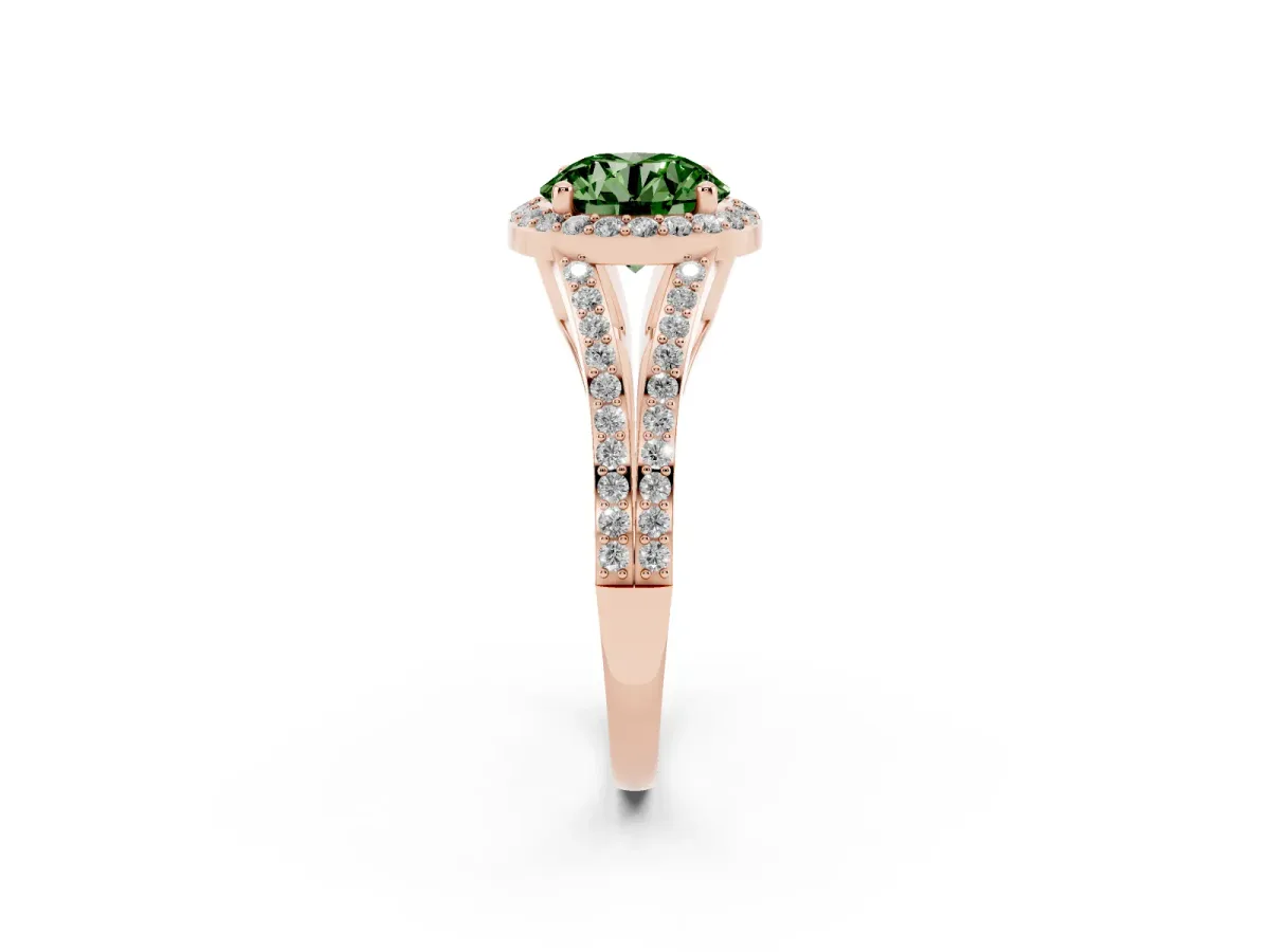 Fancy Green Round Cut Halo Split Shank Diamond Ring with Prong Setting Rose gold