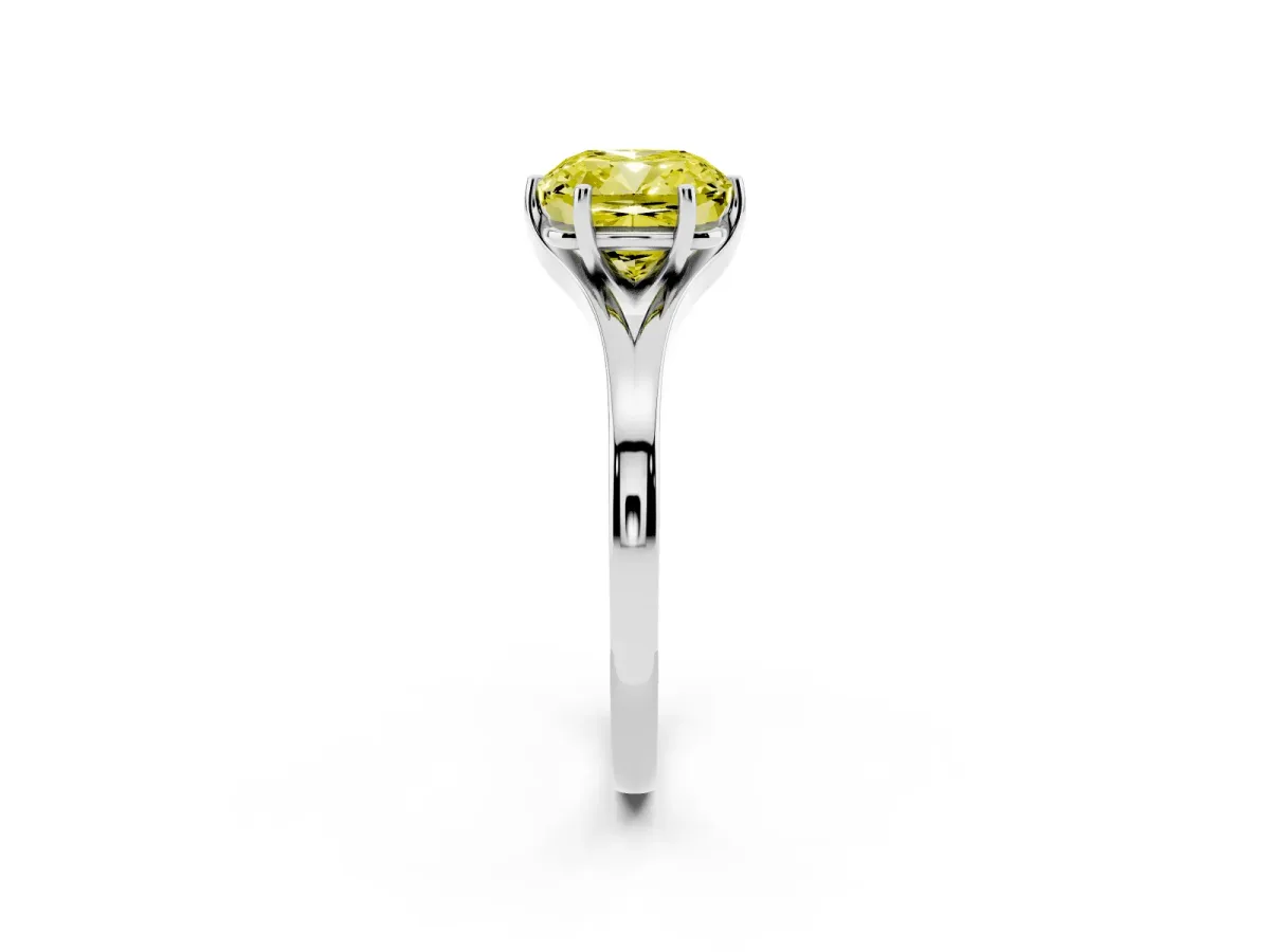 Fancy Yellow Cushion Cut Solitaire Diamond Ring with Six-Prong Setting and Tapered Band Silver