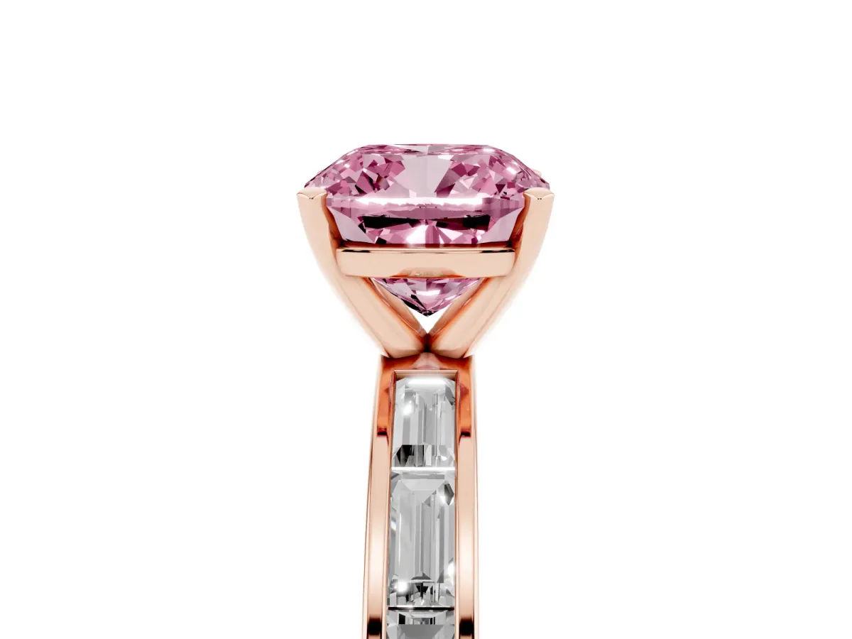 Fancy Pink Cushion Cut Solitaire Diamond Ring with Channel-Set Baguette Band and Four-Prong Setting Rose gold