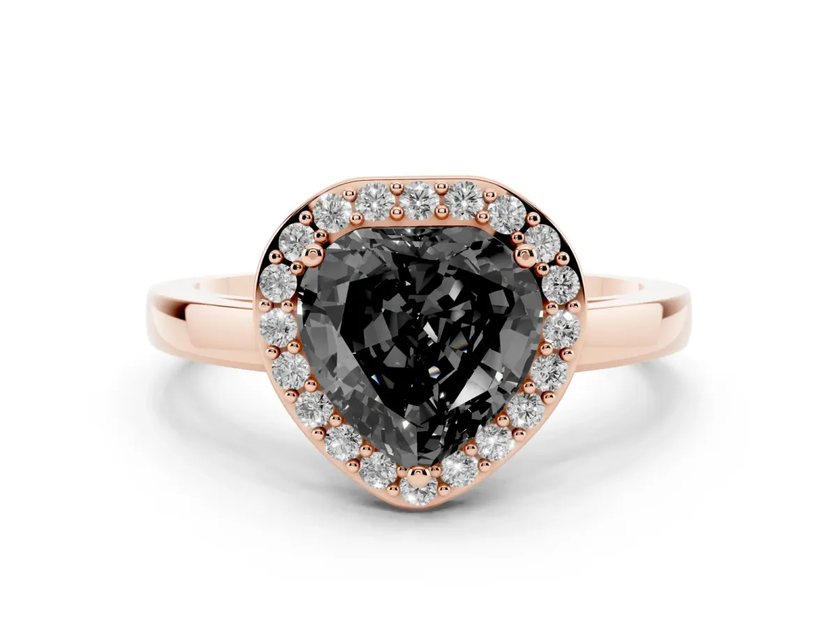 Fancy Black Heart Cut Halo Diamond Ring with Solitaire Band and Prong Setting Rose gold