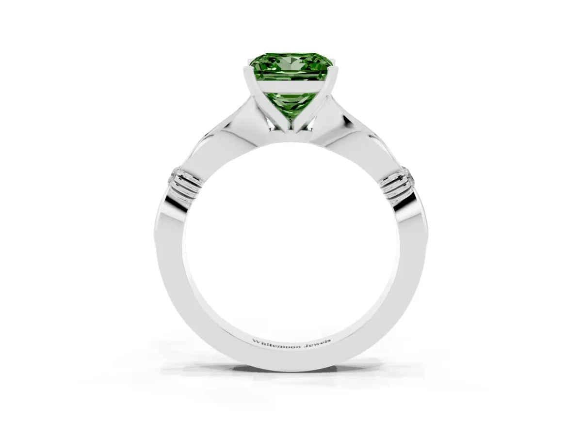 Fancy Green Princess Cut Solitaire Diamond Twisted Band with Four-Prong Setting Silver