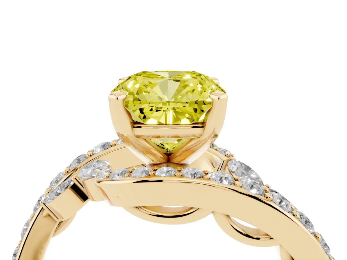 Fancy Yellow Cushion Cut Solitaire with Pavé Twist Band and Four-Prong Setting Yellow gold