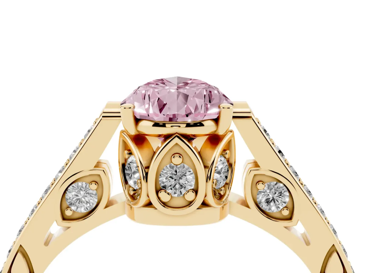 Fancy Pink Pear Cut Cut Cathedral Pave Diamond Engagement Ring with Six-Prong Setting Yellow gold