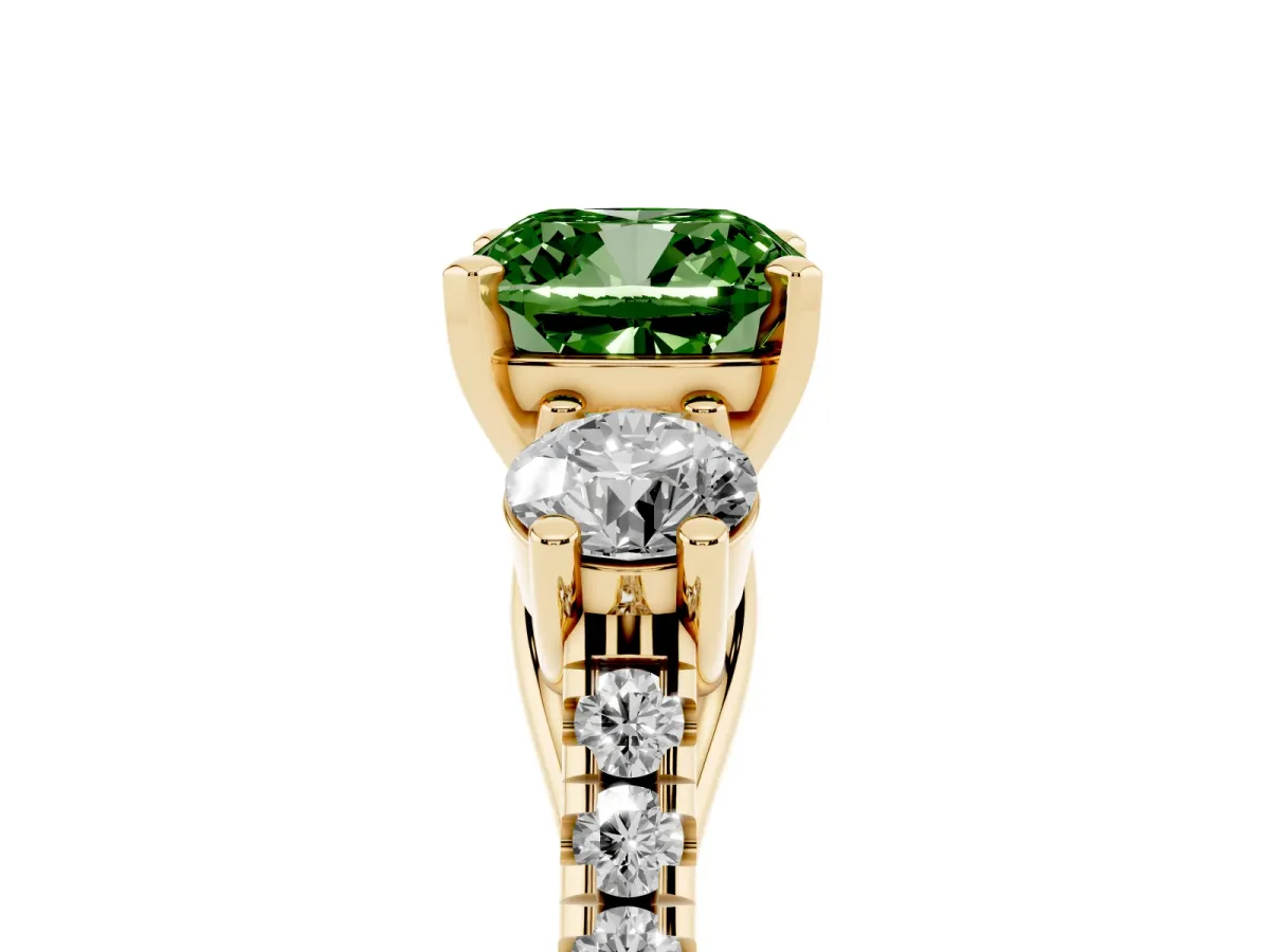 Fancy Green Three-Stone Cushion Cut Diamond Pavé Band with Four-Prong Setting Yellow gold