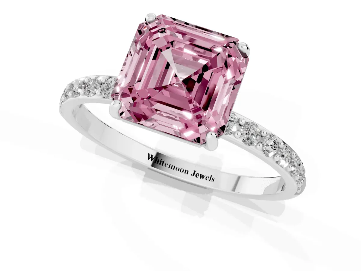 Fancy Pink Asscher Cut Diamond Solitaire Ring with Round Pavé Shoulders and Prong Setting Silver