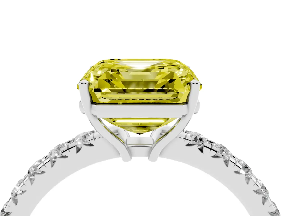 Fancy Yellow Asscher Cut Diamond Pavé Solitaire Engagement Ring with Four-Prong Setting Silver