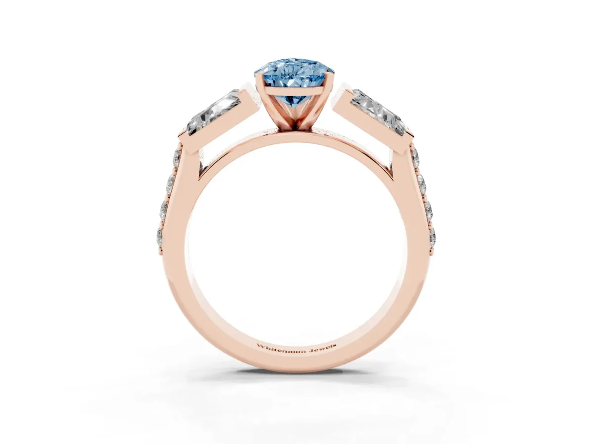 Fancy Blue Pear Cut Diamond Engagement Ring with Baguette Side Stones and Channel Set Band Rose gold