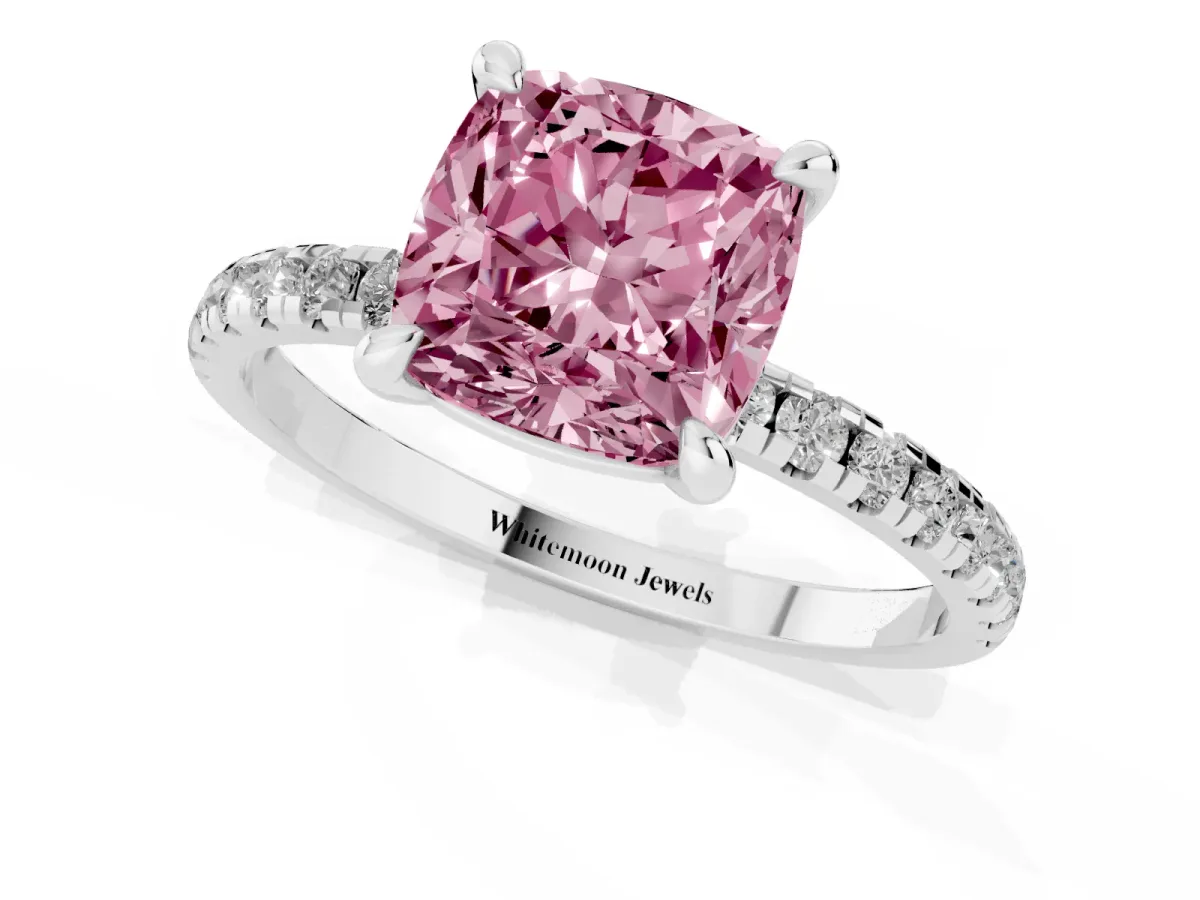Fancy Pink Cushion Cut Diamond Brilliant Solitaire Ring with Pavé Band and Four-Prong Setting White gold