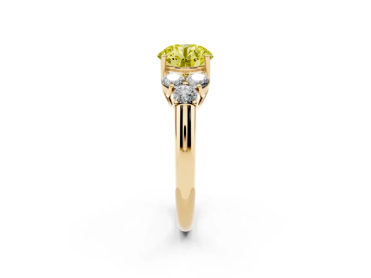 Fancy Yellow Round Cut Cut Diamond Cluster Ring with Round Accent Stones and Prong Setting on a Classic Band Yellow gold