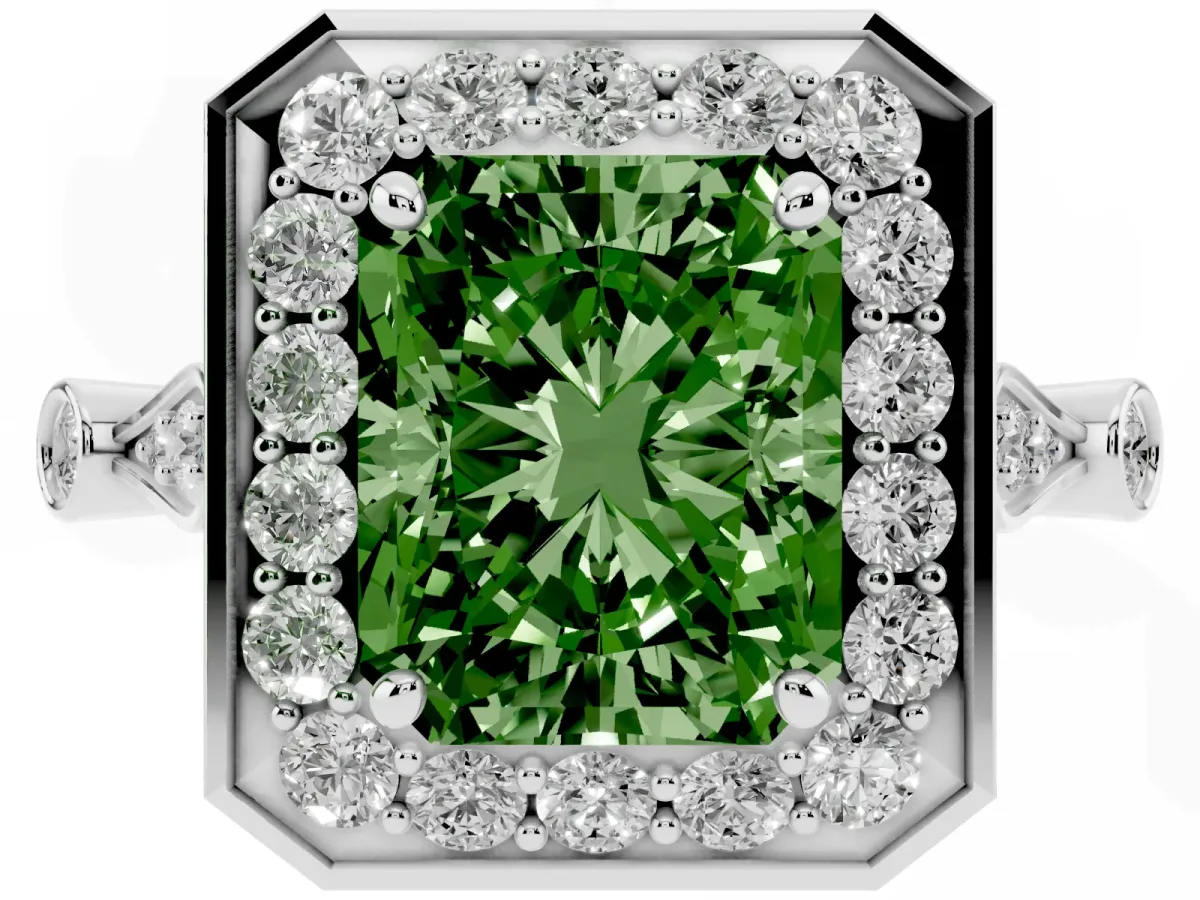 Fancy Green Radiant Cut Halo Diamond Engagement Ring with Twisted Band and Four-Prong Setting Silver