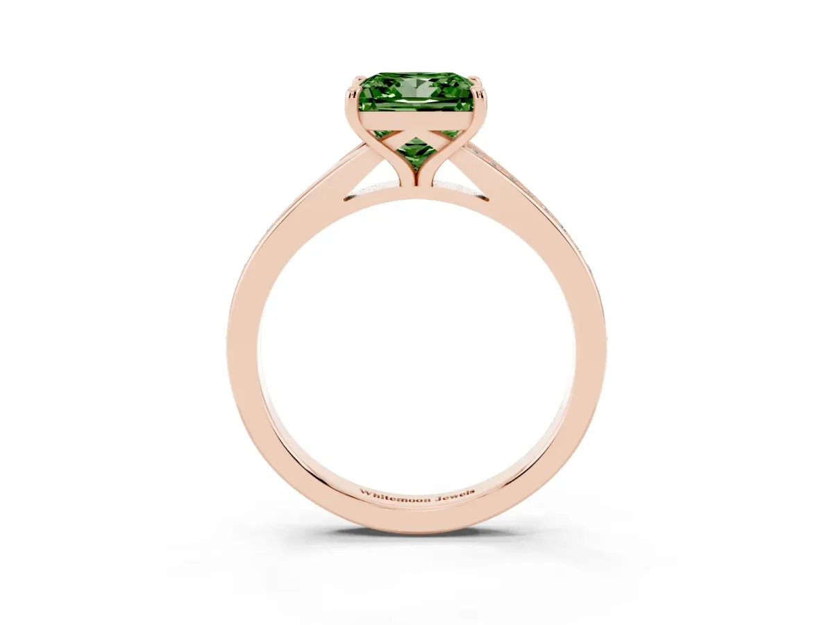 Fancy Green Princess Cut Diamond Solitaire Ring with Pavé Band and Prong Setting Rose gold