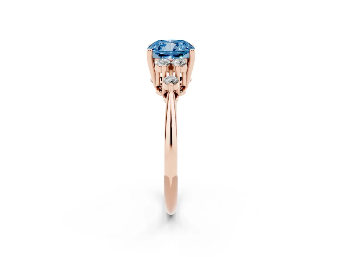 Fancy Blue Cushion Cut Cut Diamond Cluster Ring with Solitaire Band and Four-Prong Setting Rose gold