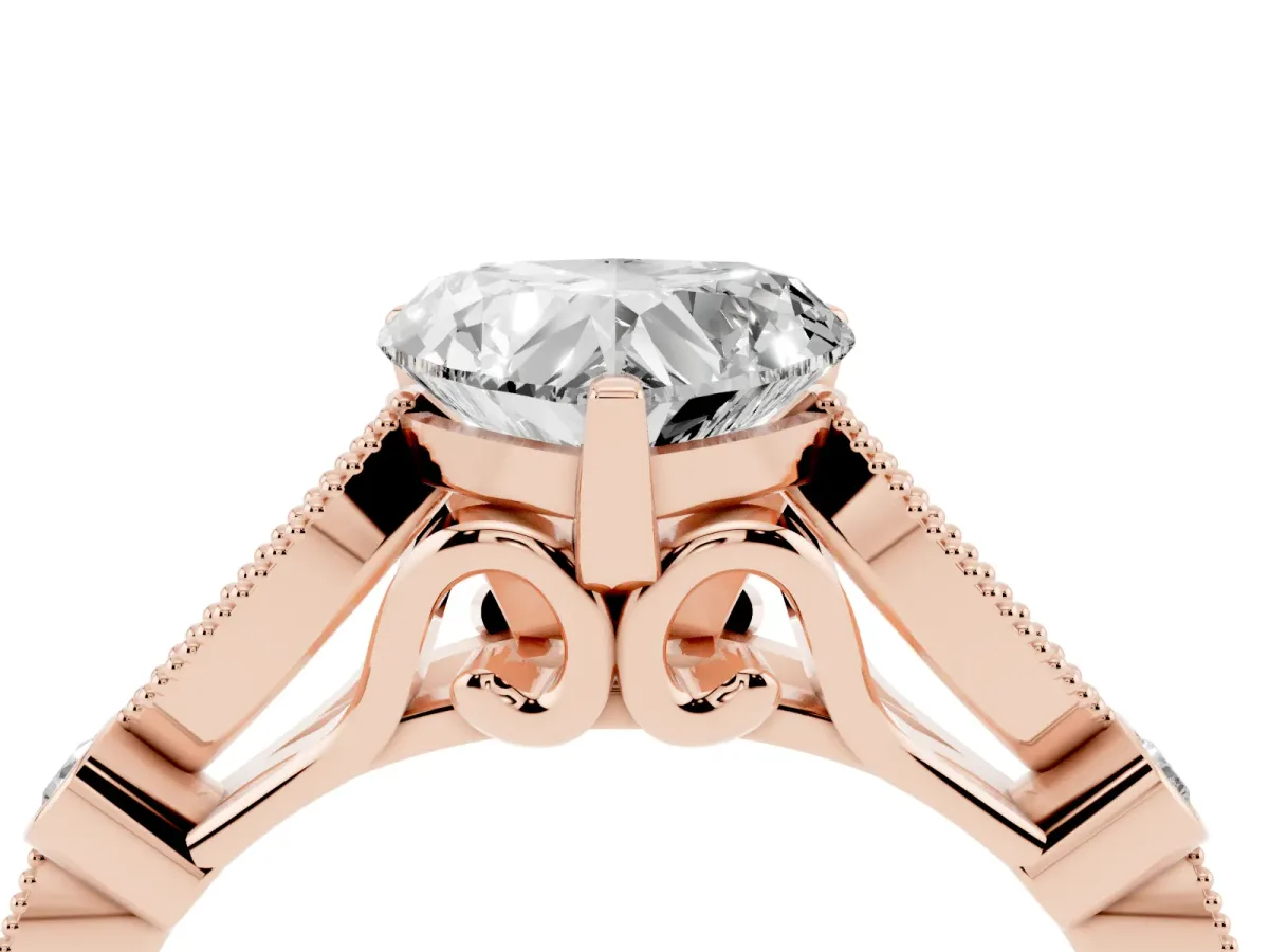 Heart Cut Cut Diamond with Milgrain Marquise and Bezel Accents on a Solitaire Band with Prong Setting Rose gold
