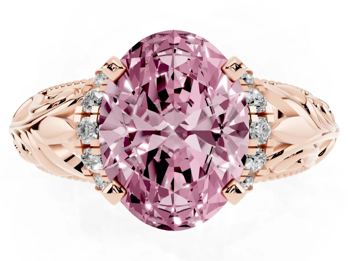Fancy Pink Oval Cut Solitaire Filigree Engagement Ring with Halo and Prong Setting Rose gold