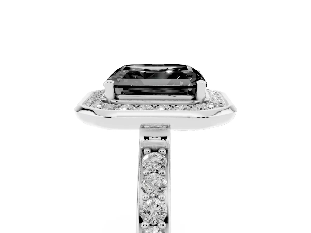 Fancy Black Asscher Cut Diamond Halo Ring with Bezel Frame and Pavé Band Silver