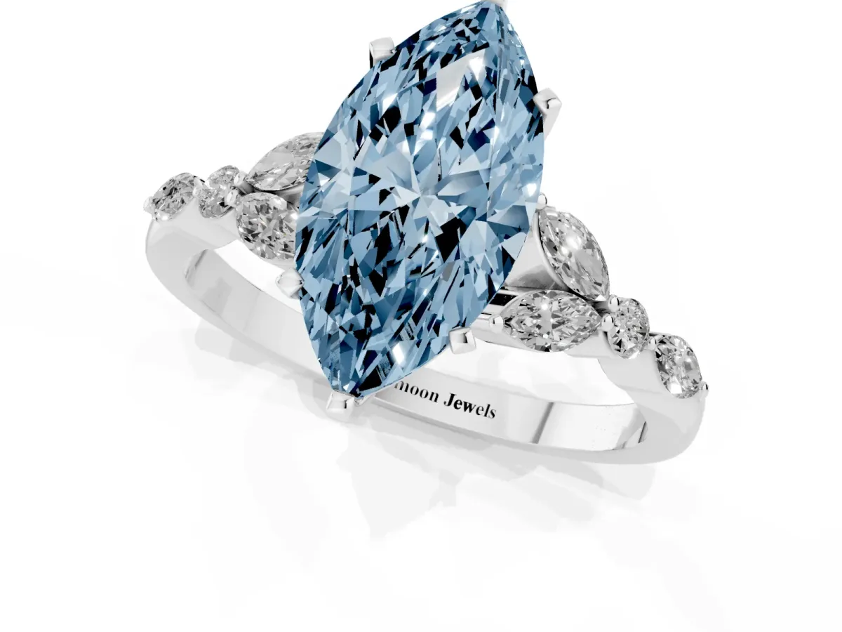 Fancy Blue Marquise Cut Diamond Solitaire Ring with Side Stones and Four-Prong Setting Platinum