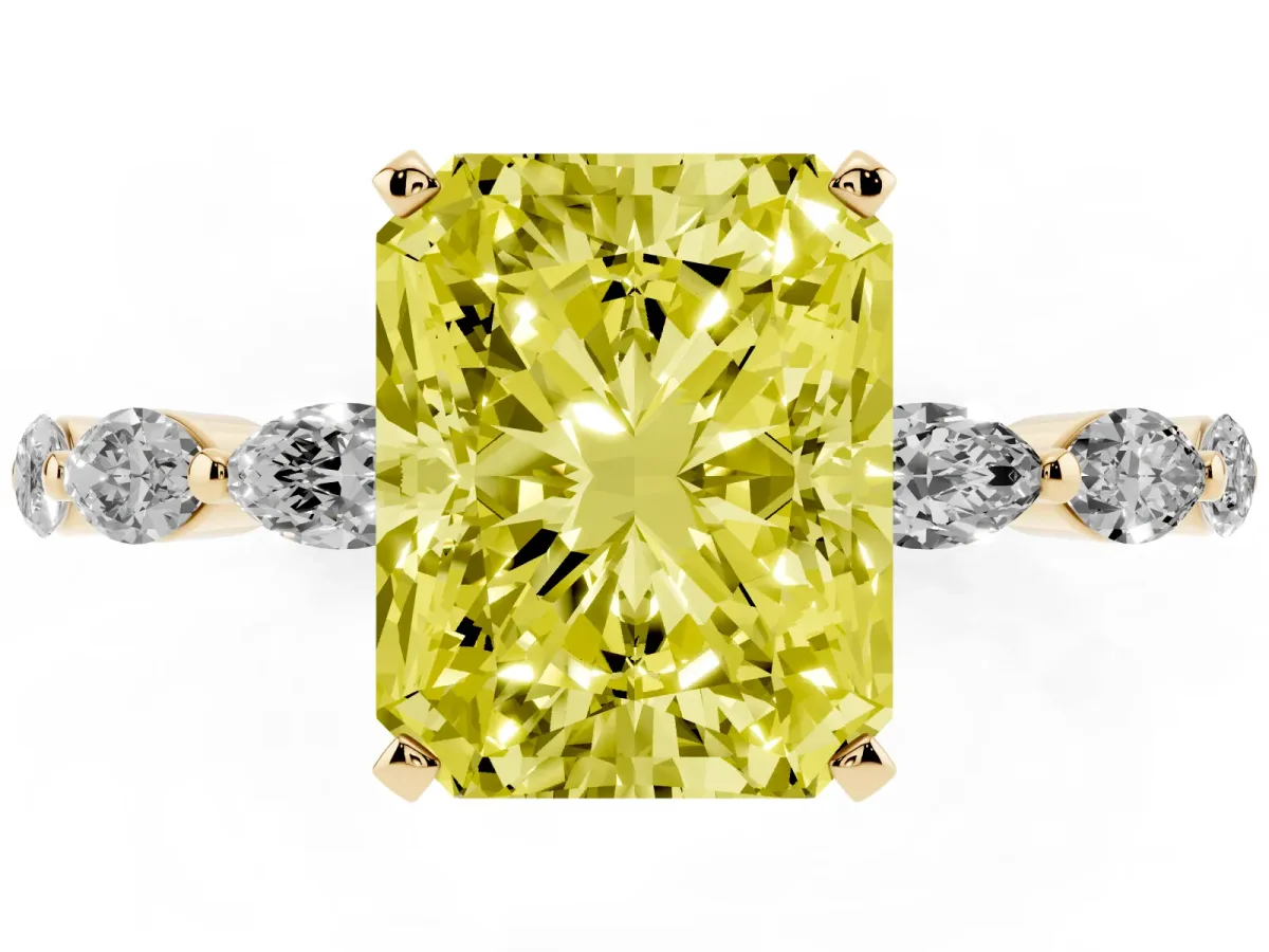 Fancy Yellow Radiant Cut Diamond Ring with Marquise Side Stones and Prong Setting Yellow gold