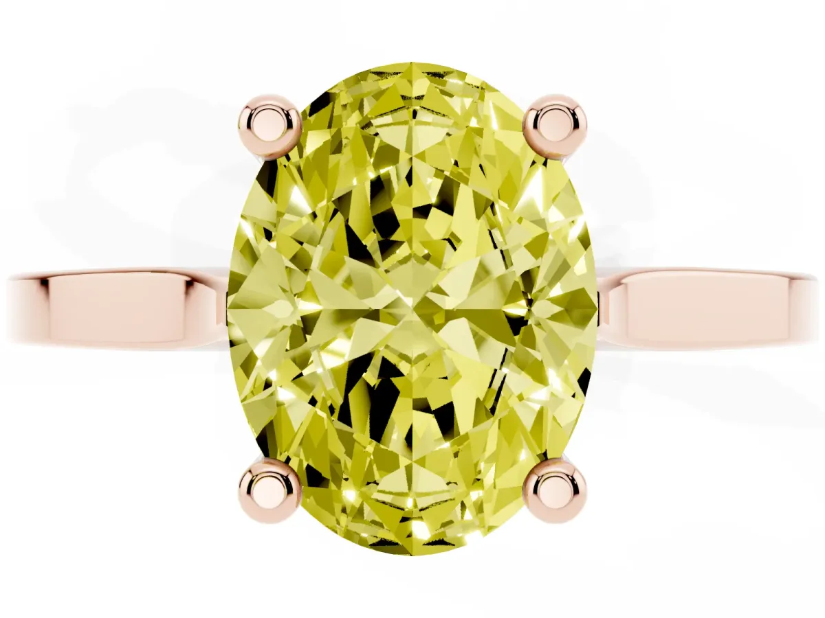 Fancy Yellow Oval Cut Solitaire Diamond Ring with Four-Prong Setting and Tapered Band Rose gold