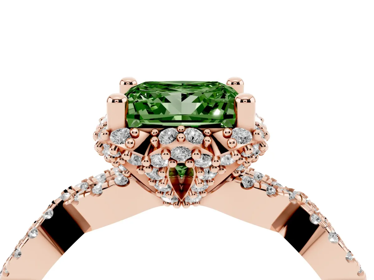 Fancy Green Princess Cut Halo Twist Band Solitaire Ring with Six-Prong Setting Rose gold