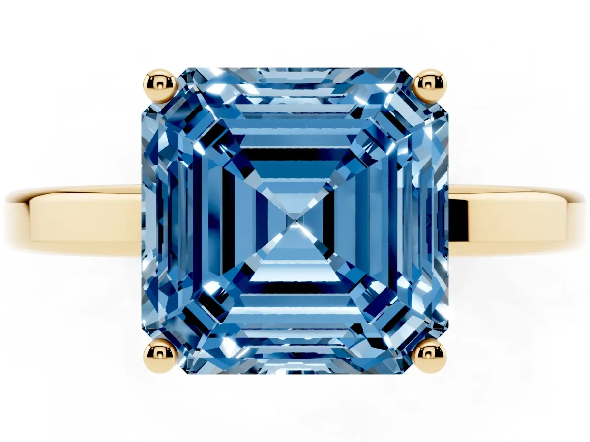 Fancy Blue Asscher Cut Cut Solitaire Engagement Ring with Four-Prong Setting on a Classic Band Yellow gold