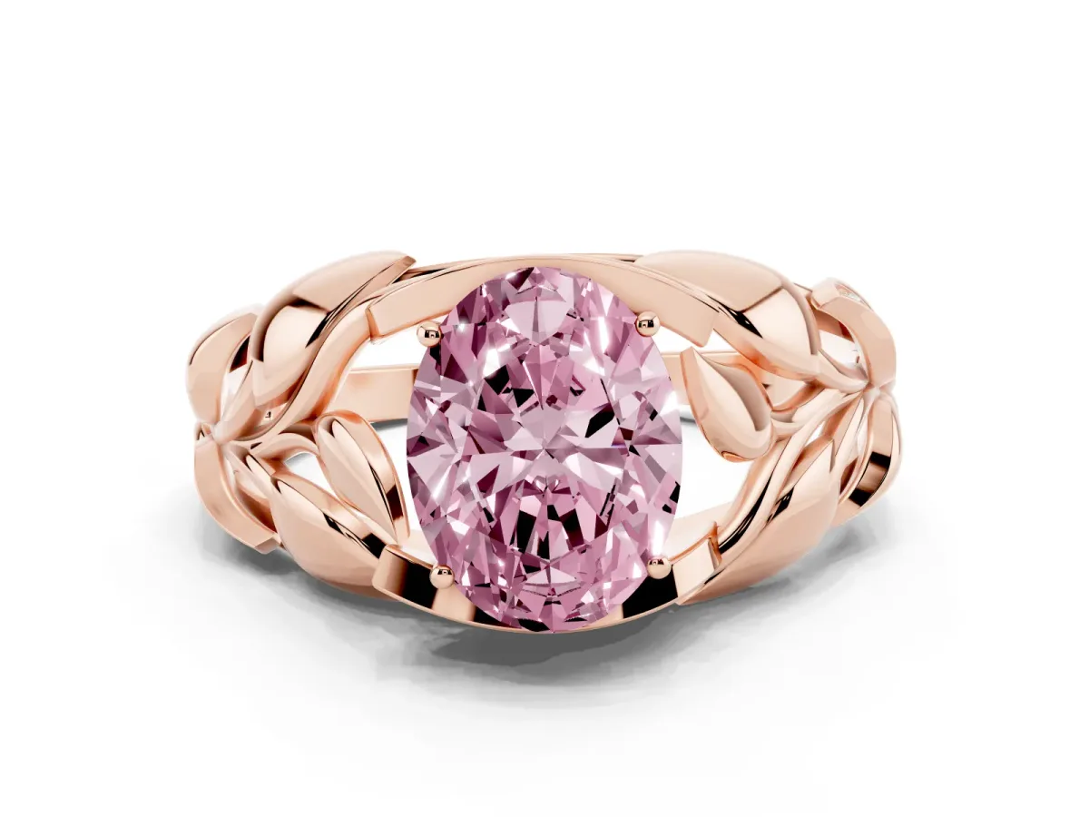 Fancy Pink Oval Cut Diamond Leaf-Inspired Engagement Ring with Round Accents and Prong Setting Rose gold