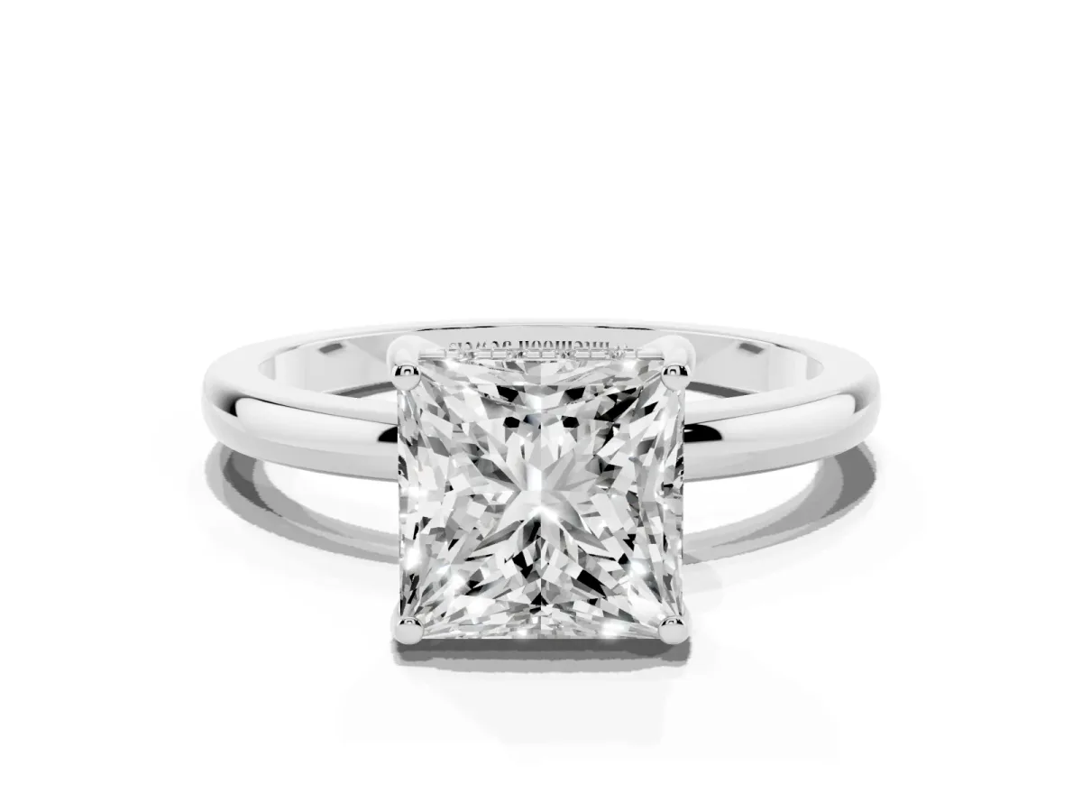 Princess Cut Solitaire Diamond Ring with Prong Setting and Plain Band Silver