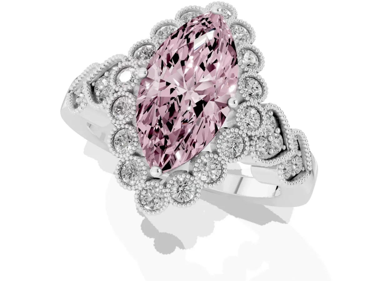 Fancy Pink Marquise Cut Brilliant Milgrain Pave Heart Band Solitaire Ring Silver