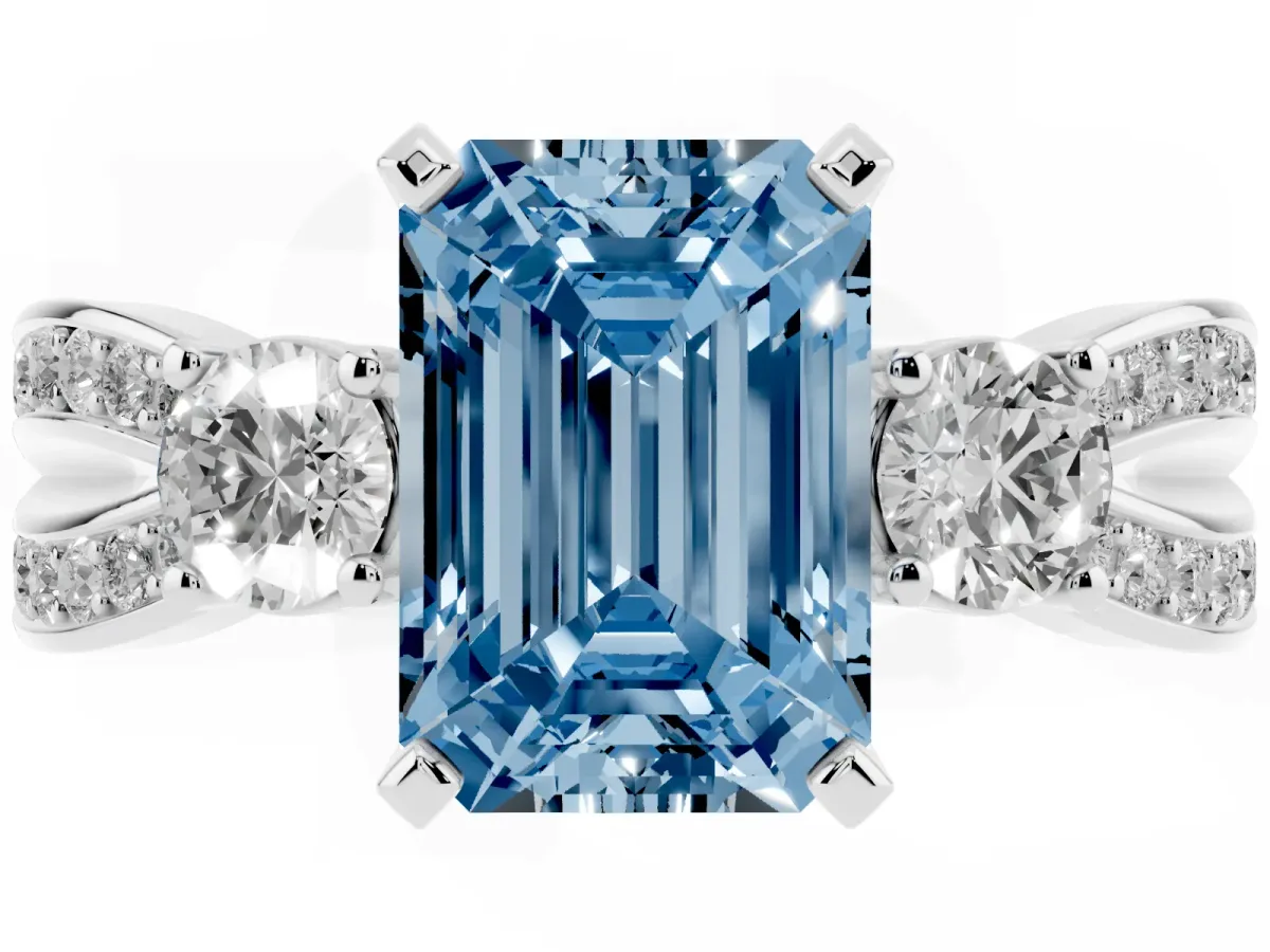 Fancy Blue Three-Stone Emerald Cut Cut Diamond Twist Band with Prong Setting Platinum