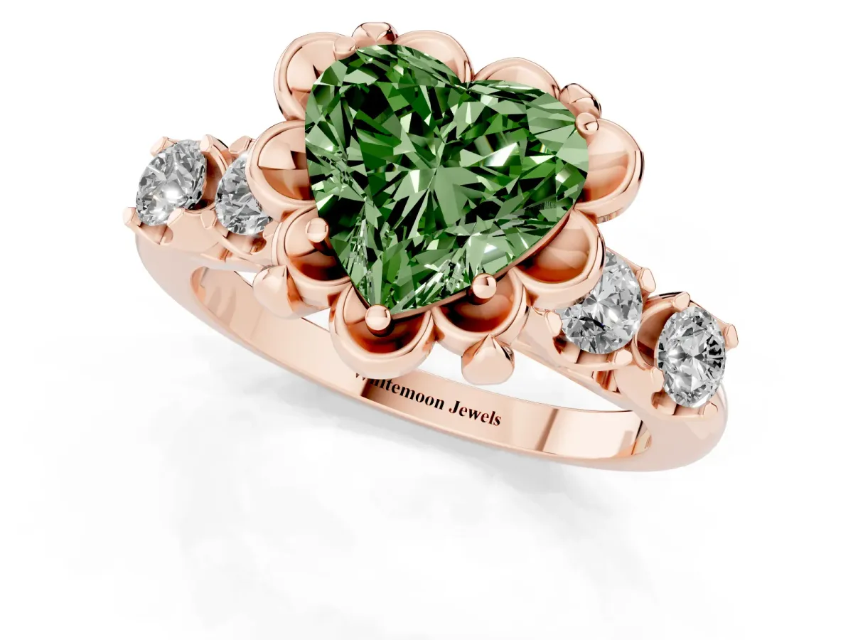 Fancy Green Heart Cut Cut Diamond Floral Halo Engagement Ring with Shared Prong Setting Rose gold