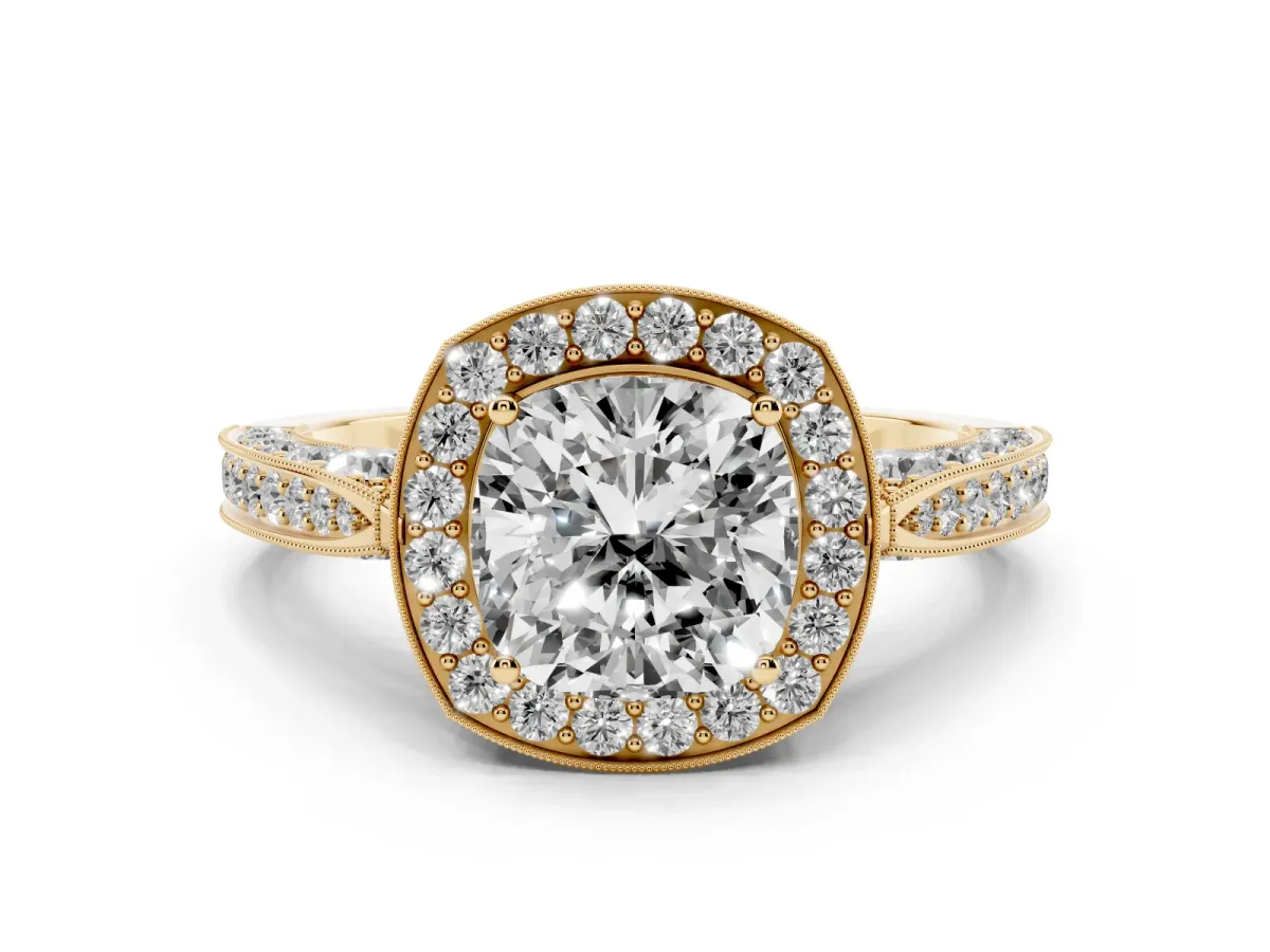 Cushion Cut Halo Diamond Engagement Ring with Split Shank Band and Four-Prong Setting Yellow gold