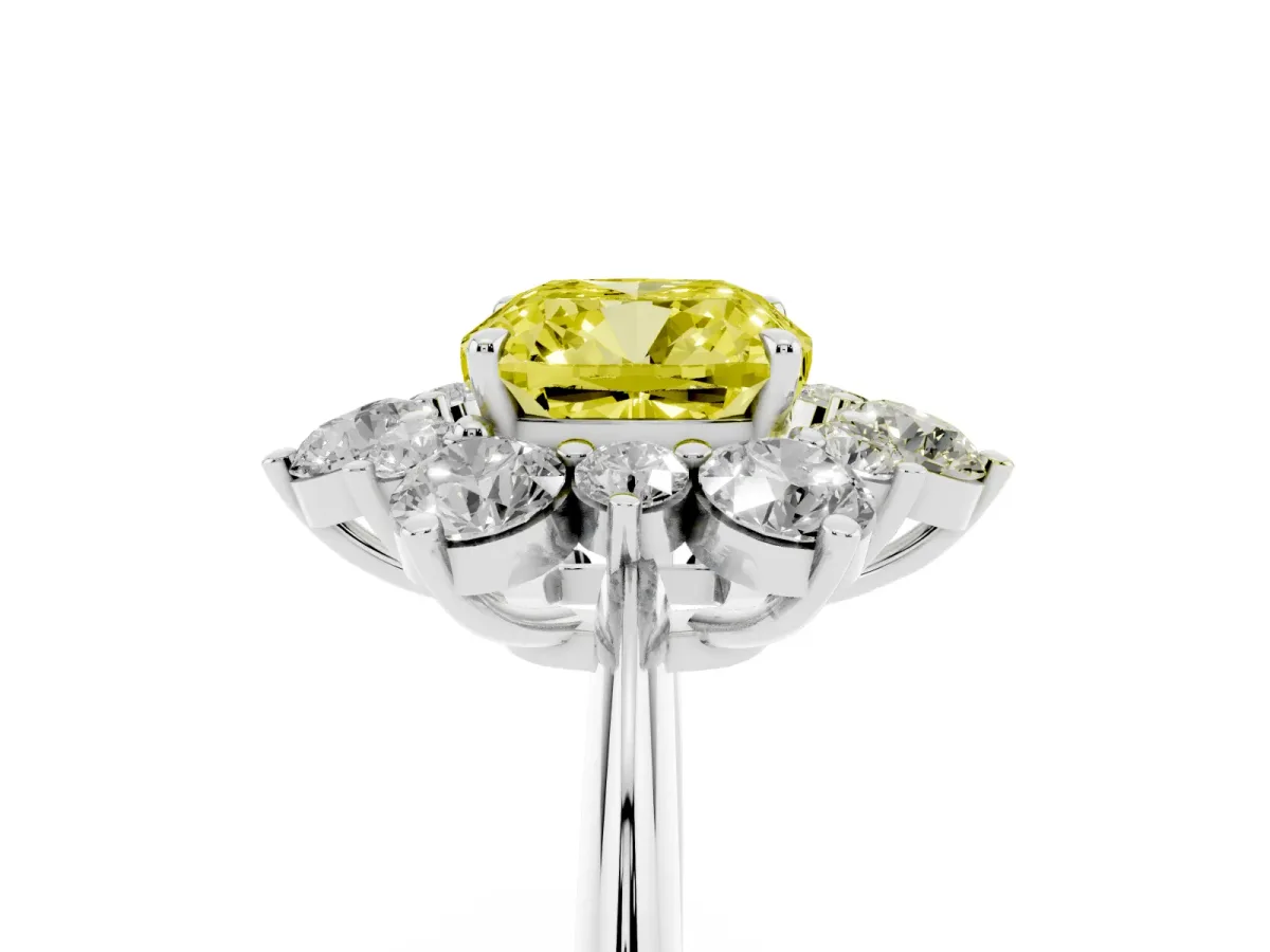 Fancy Yellow Cushion Cut Diamond Cluster Halo Ring with Solitaire Band and Four-Prong Setting Platinum