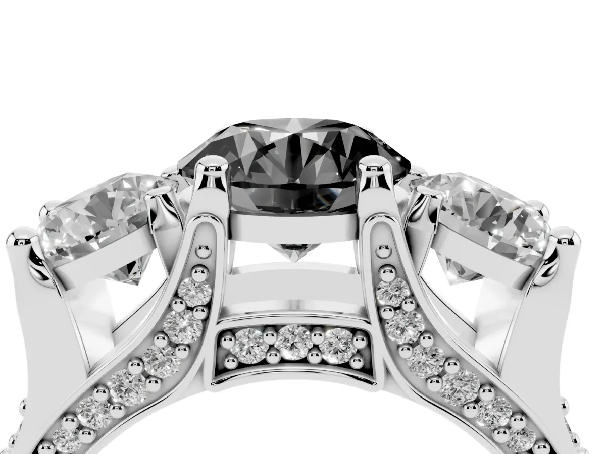 Fancy Black Round Cut Diamond Three-Stone Ring with Channel Set Band and Four-Prong Setting Silver