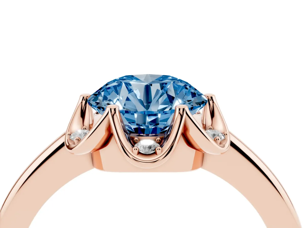 Fancy Blue Round Cut Halo Diamond Ring with Round Cluster Setting, Solitaire Band, and Four-Prong Setting Rose gold