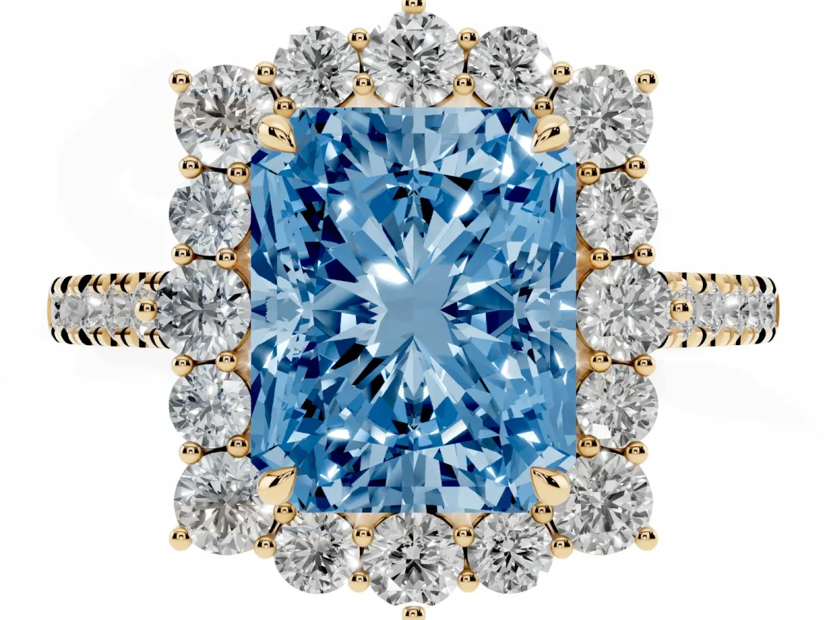 Fancy Blue Radiant Cut Halo Diamond Ring with Pavé Band and Prong Setting Yellow gold