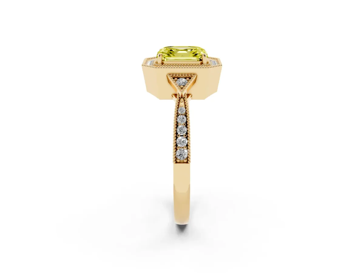 Fancy Yellow Asscher Cut Halo Round Diamond Milgrain Pave Engagement Ring Yellow gold