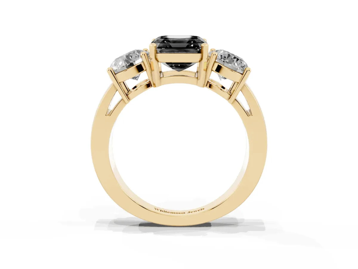 Fancy Black Three-Stone Asscher Cut Diamond Ring with Round Side Stones, Classic Band, and Four-Prong Setting Yellow gold
